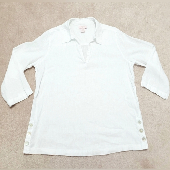 St. Tropez Tops - St. Tropez West Women’s 100% Linen White Tunic Top Size M 3/4 Sleeve Button Deta